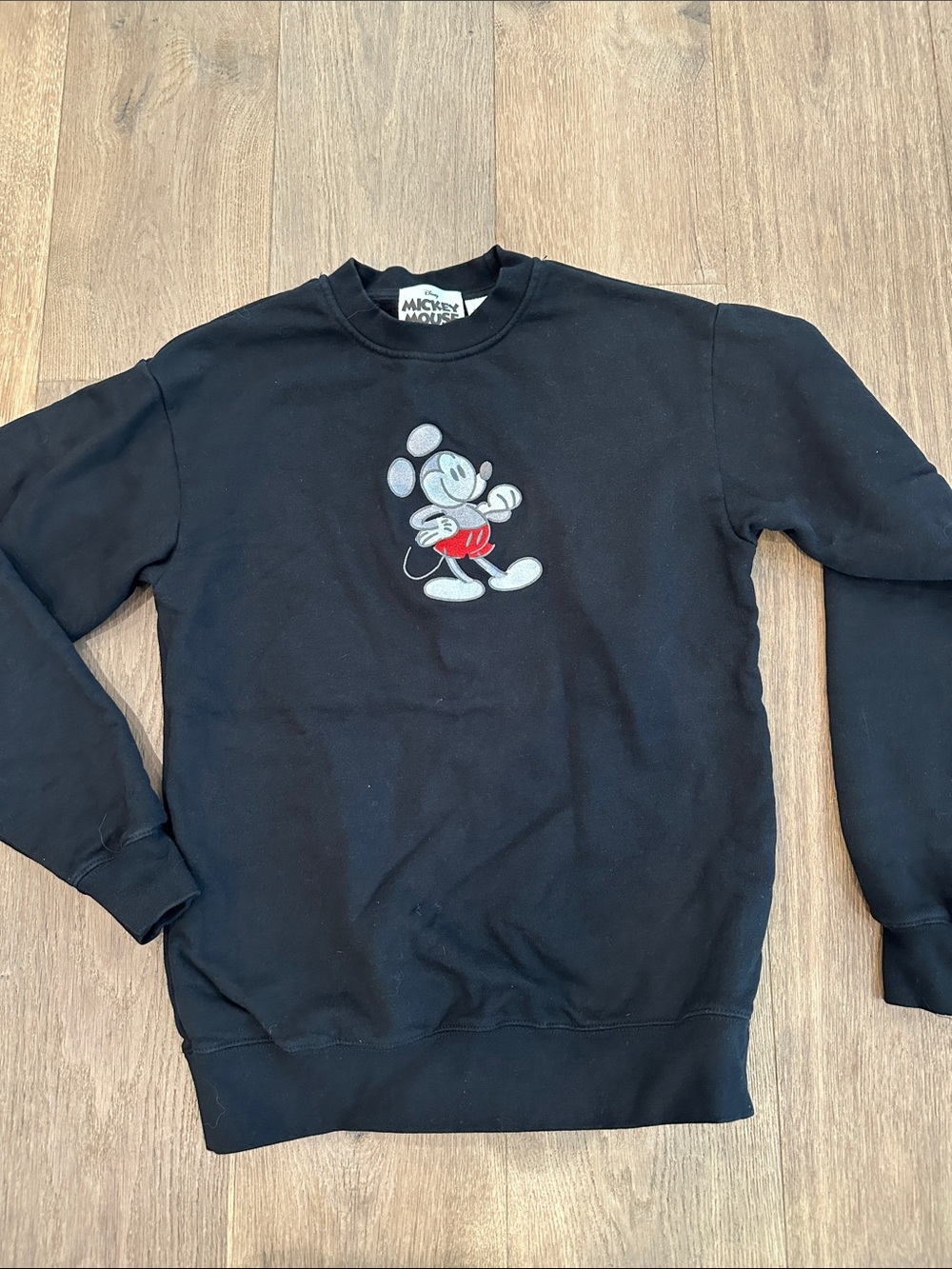 Disney Black Crewneck with Embroidered Mickey and Red Accent
